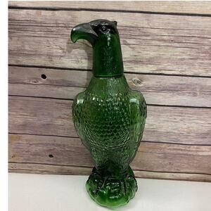 VINTAGE Green Glass Eagle Decanter With Shot Glass Head Empty - No issues-